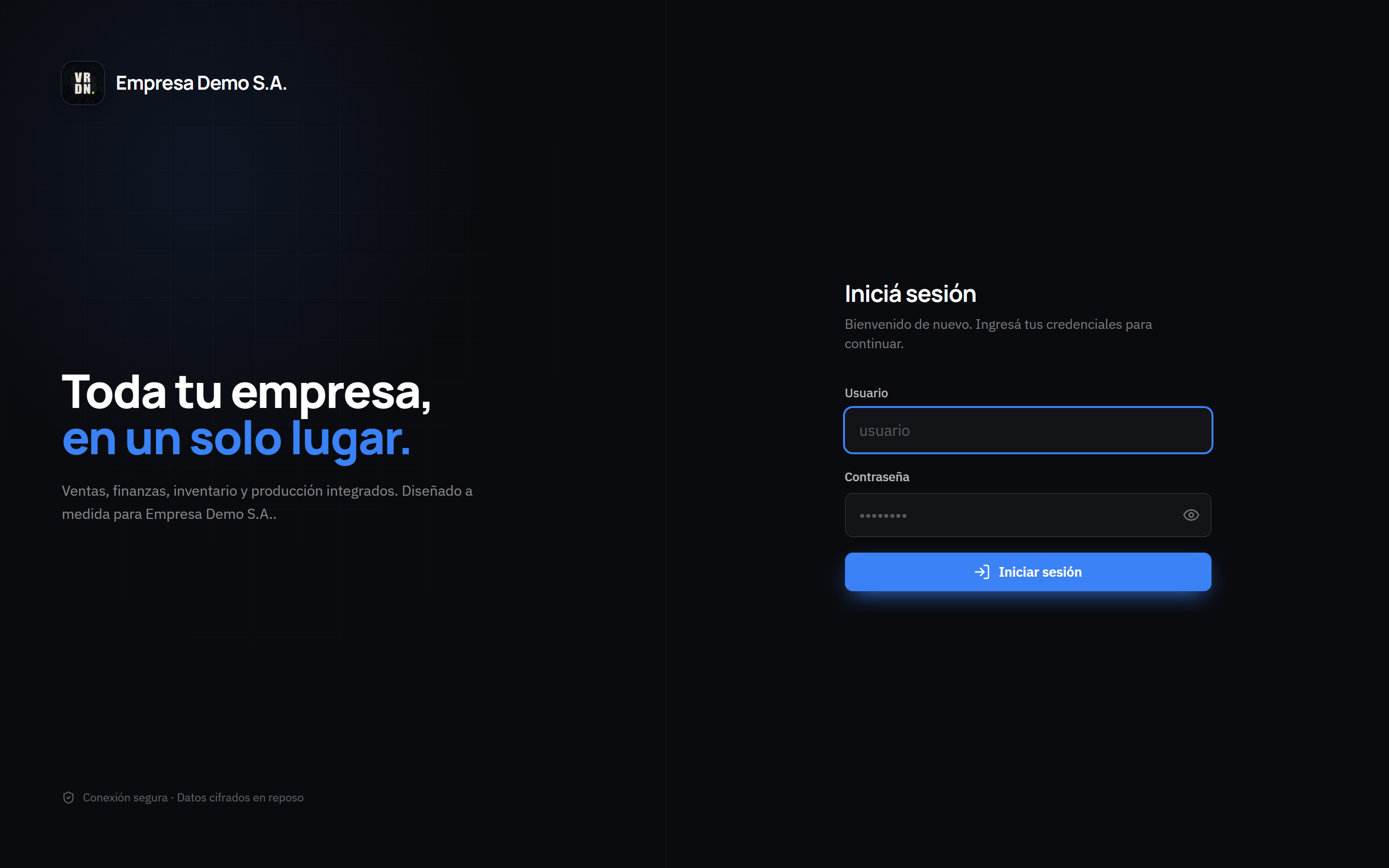 Pantalla de inicio de sesión de Veridian ERP: toda tu empresa en un solo lugar