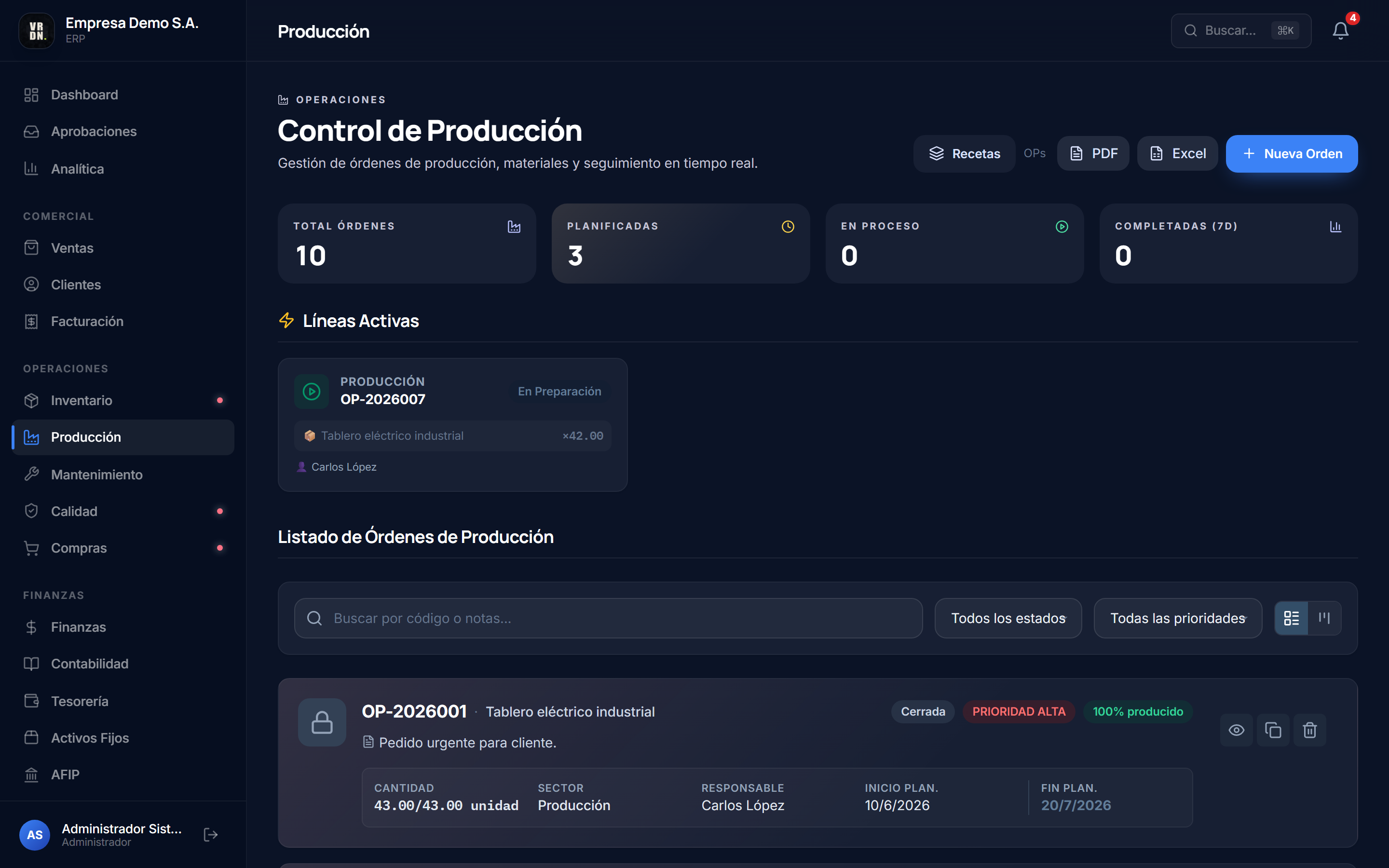 Módulo de control de producción de Veridian ERP